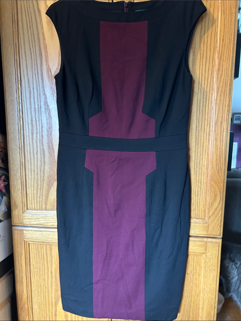 Lauren Ralph Lauren Black and Burgundy Panel Midi Sheath Dress